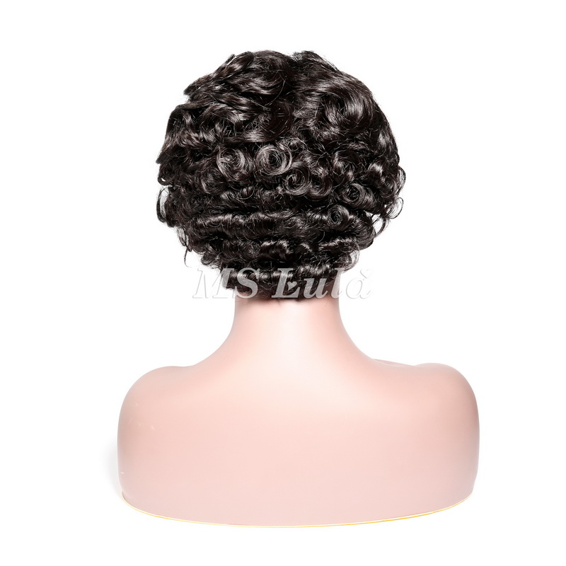#1B Natural Color Human Hair Curly Wig T Part Pixie Cut Wigs - 图片 5